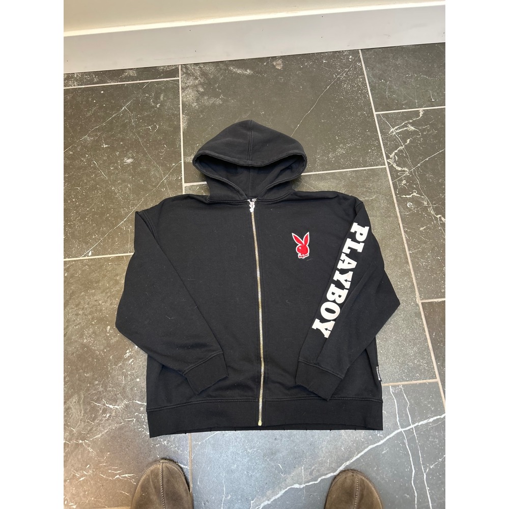 Playboy x Missguided Mens Black Zip Up Hoodie Vintage 1990 Magazine Graphic M